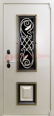 Белая стальная дверь с ковкой со стеклопакетом и МДФ ДК-30 в Омске