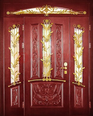Бордовая железная парадная дверь со стеклом и ковкой ДПР-75 в Омске