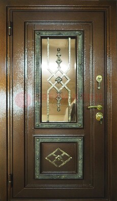 Теплая входная дверь со стеклом и ковкой разноцветной ДСК-13 в Омске