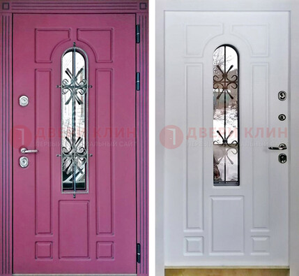 Розовая металлическая дверь со стеклом и ковкой ДСК-151 в Омске