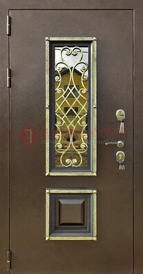 Входная дверь порошок со стеклом и ковкой для коттеджа ДСК-166 в Омске