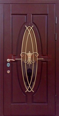 Бордовая стальная дверь Винорит со стеклом и ковкой ДСК-263 в Омске