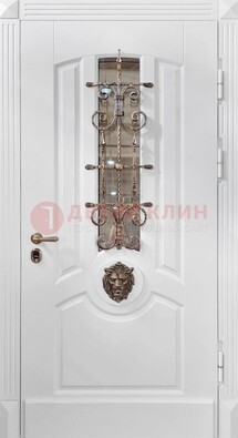 Белая металлическая дверь с виноритом и стеклом с ковкой ДВТ-165 в Омске