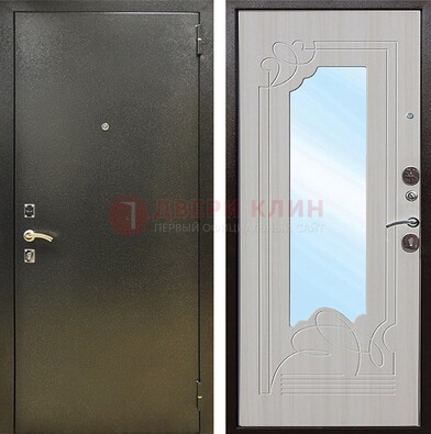 Входная темно-серая дверь c порошковым покрытием и МДФ с резьбой и зеркалом ДЗ-113 в Омске