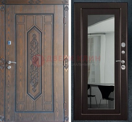 Уличная коричневая дверь c виноритом и МДФ Венге с зеркалом ДЗ-116 в Омске