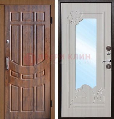 Коричневая уличная дверь c виноритом и терморазрывом МДФ Беленый дуб  с зеркалом ДЗ-97 в Омске