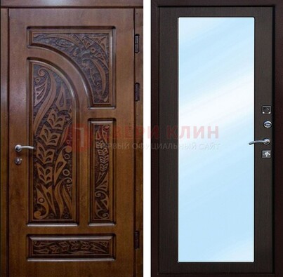 Коричневая входная дверь c узором и виноритом МДФ с зеркалом ДЗ-98 в Омске