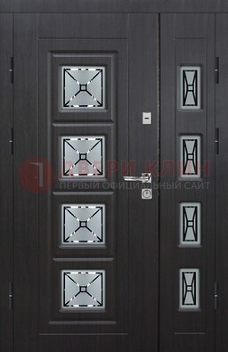 Чёрная двухстворчатая железная дверь с МДФ и витражом ВЖ-35 в Омске
